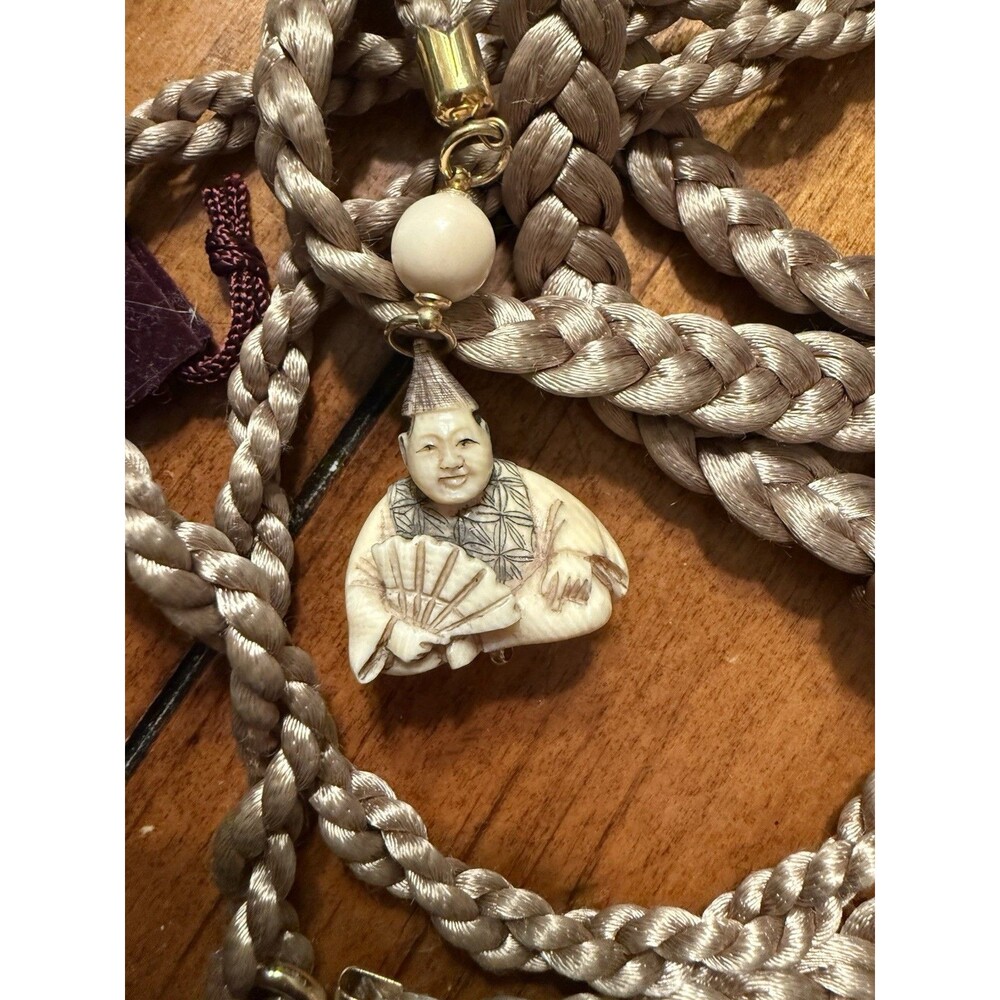 Vintage Japanese Netsuke Man Holding Fan Signed Very Long Cord Braided